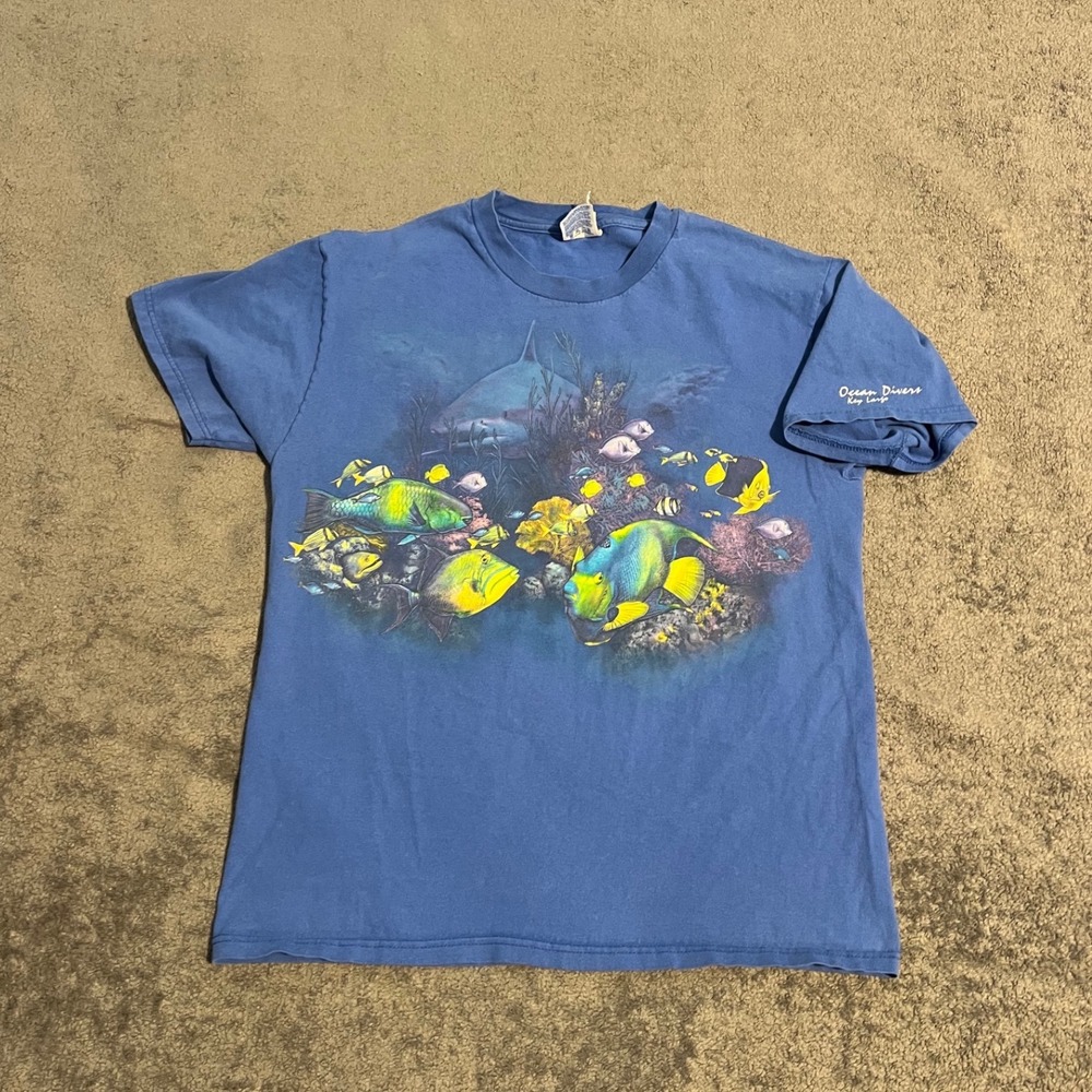 Vintage 90s Ocean Divers Key Largo Fish Graphic Nature T-Shirt Blue Large